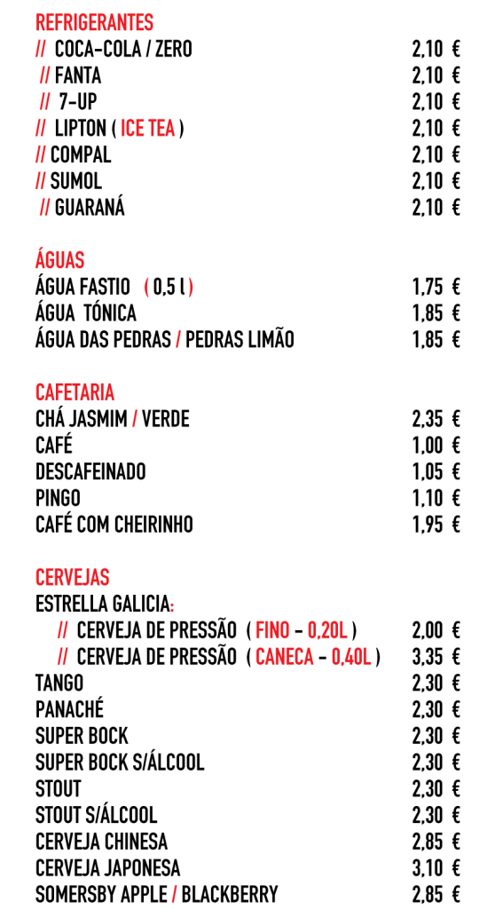 Preços de Bebidas, Refrigerantes e Cafetaria