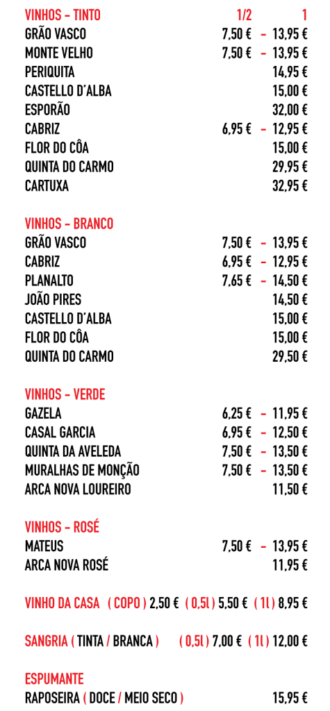 Preços de Vinhos, Sangrias e Espumante